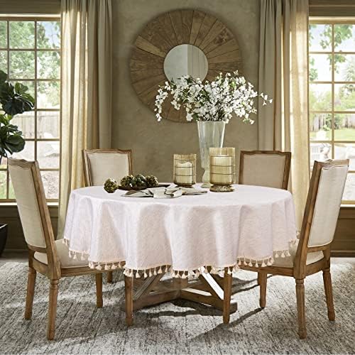 MYSKY HOME 60 in Round Cotton Tablecloth with Beige Tassels