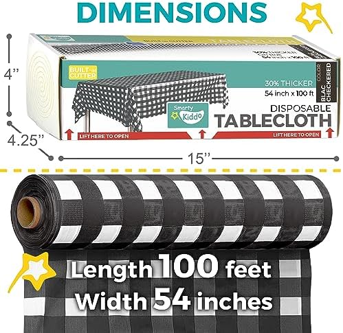 Smarty Kiddo 54in X 100ft Checkered Plastic Tablecloth Roll with Built Cutter