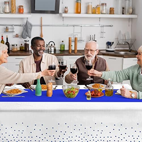 8Pack Disposable Plastic Tablecloths and Satin Table Runner with White and Royal Blue Dots for Occasions