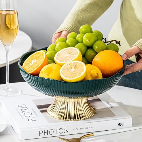 Ceramic Fruit Bowl with Golden Feet 10 Inch Pedestal Design