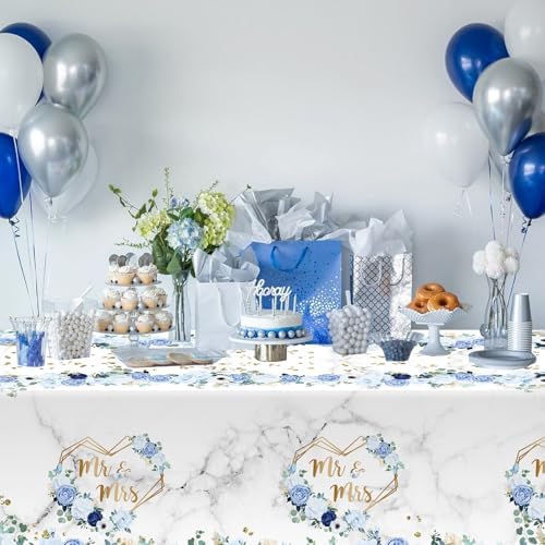 MEHOFOND 3pcs Blue Mr Mrs Tablecloths Floral Wedding Party Decor 108 x 54 Inch