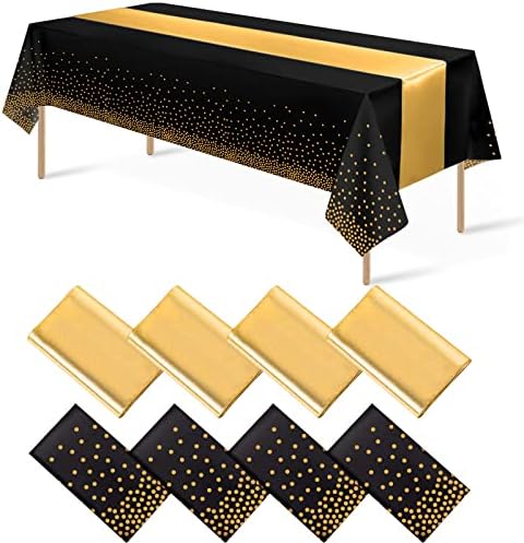 8Pack Black Gold Dot Tablecloths and Satin Table Runner Set for Events