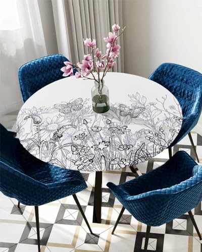 Gray White Floral Round Waterproof Table Cover 55-60 Inch Fitted Elastic Tablecloth for Indoor Outdoor Use