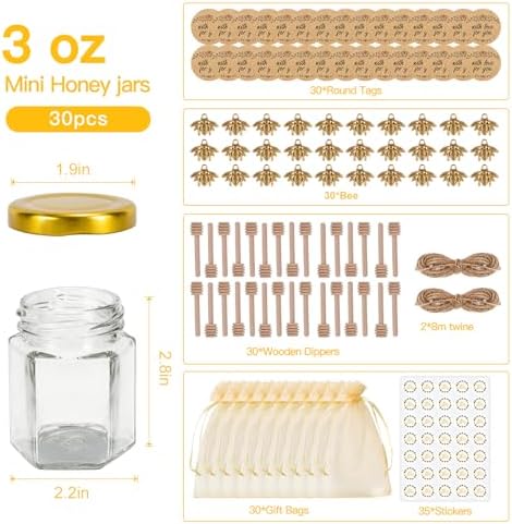 30 Pack 3 oz Mini Honey Jars with Dipper and Labels
