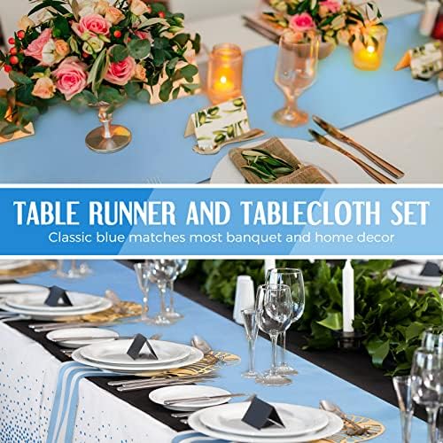 Breling 8 Pack Winter Baby Blue and White Tablecloths and Satin Table Runners Set