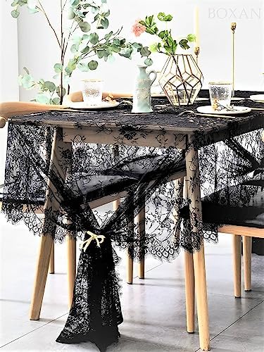 BOXAN Vintage Rose Embroidered Black Lace Tablecloth Overlay - 120 x 60 Rectangular