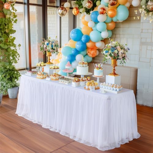 White Tulle Tablecloth with Skirt for 6 Foot Tables