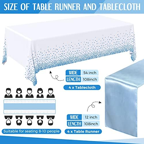 Breling 8 Pack Winter Baby Blue and White Tablecloths and Satin Table Runners Set