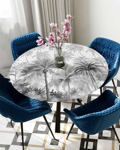 Grey Palm Tree Round Waterproof Table Cover Fitted Tablecloth