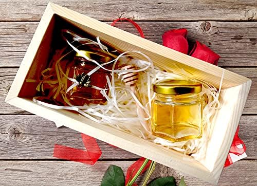 Adabocute Honey Pot 2oz Mini Glass Jars with Wood Dipper Gold Lid Bee Pendants Beige Gift Bags 15 Pack