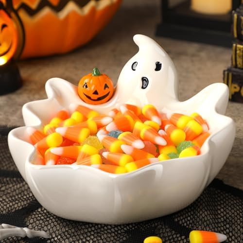 Vesici 7 Inch Halloween Candy Dish Holder Ceramic Ghost Bowl