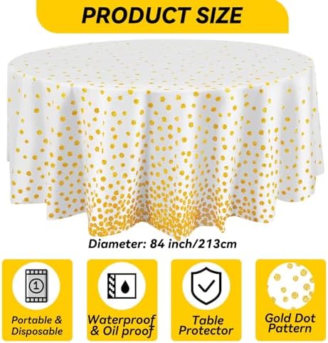 Newwiee 84 Inch Round Dot Tablecloth 3 Pcs White Gold Dots