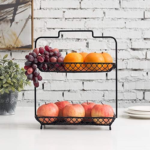 MyGift 2 Tier Vintage Style Matte Black Fruit Basket with Handle
