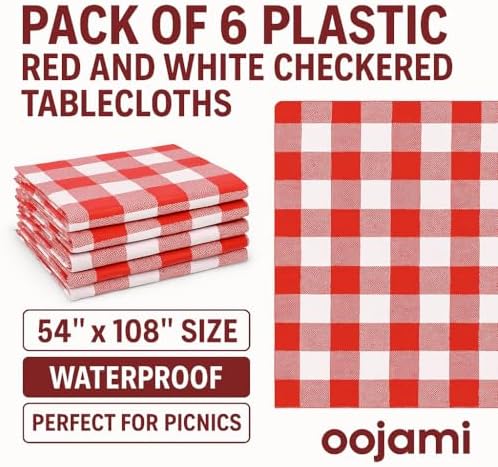 Oojami 6-Pack Red White Checkered Plastic Tablecloths
