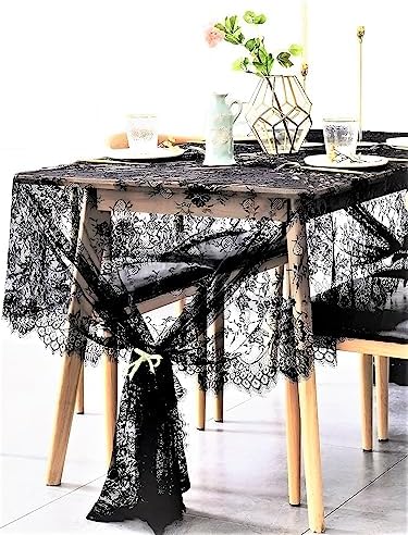 BOXAN Vintage Rose Embroidered Black Lace Tablecloth Overlay - 120 x 60 Rectangular