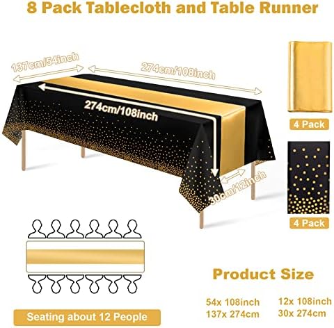 8Pack Black Gold Dot Tablecloths and Satin Table Runner Set for Events