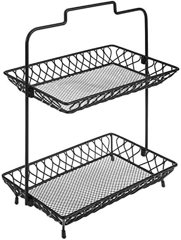 MyGift 2 Tier Vintage Style Matte Black Fruit Basket with Handle