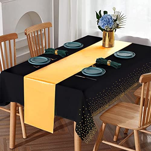 24Pack Black Gold Dot Tablecloths and Satin Table Runner Set