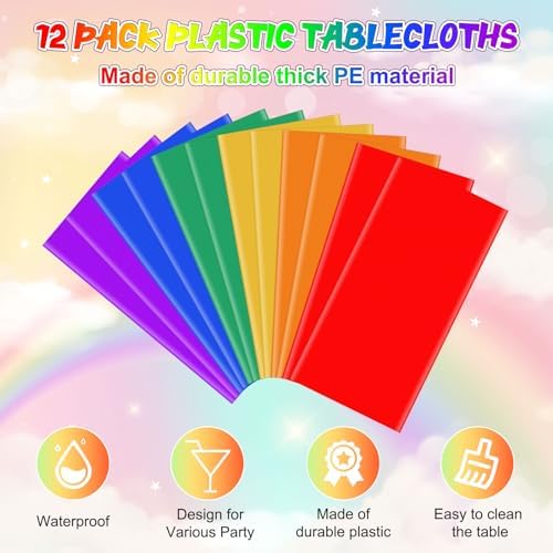 12 Pack Rainbow Color Tablecloths for Events