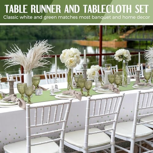 Breling 8 Pack White Sage Green Tablecloths and Table Runner Set