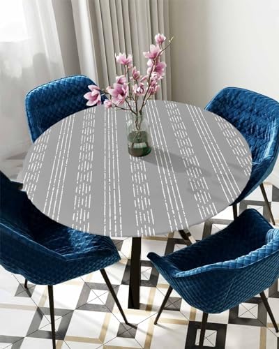 Grey Geometric Round Waterproof Table Cover 55-60 Inch Elastic Tablecloth for Indoor Outdoor Use