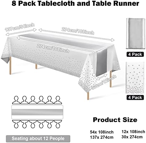 8Pack White and Silver Dot Tablecloths and Satin Table Runner Set for Occasions