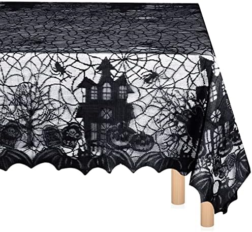 Irenare Halloween Spider Web Tablecloth Black Lace Gothic Rectangular 53 x 69 Inch
