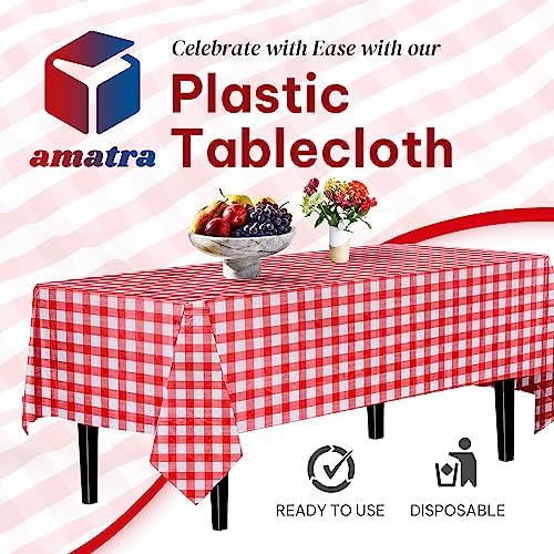 Amatra All-Purpose Plastic Table Cover Roll with Self-Cutter Red Checkered 54inch x 120ft