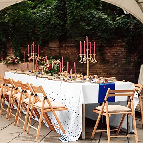 8Pack Disposable Plastic Tablecloths and Satin Table Runner with White and Royal Blue Dots for Occasions