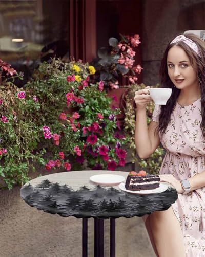 Forest Birds Round Waterproof Table Cover Fitted Elastic Tablecloth for Indoor Outdoor Use