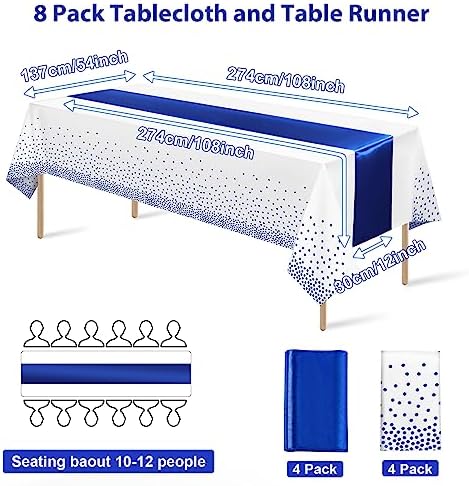 8Pack Disposable Plastic Tablecloths and Satin Table Runner with White and Royal Blue Dots for Occasions