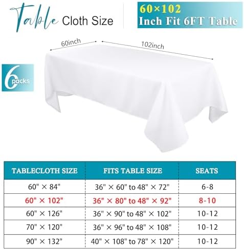 Kesfey 6 Pack White Tablecloths 60x102 Inch