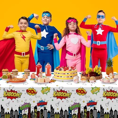 3Pcs Hero Themed Birthday Tablecloths 54x108 Inch Disposable Plastic Table Covers for Kids Party Decorations