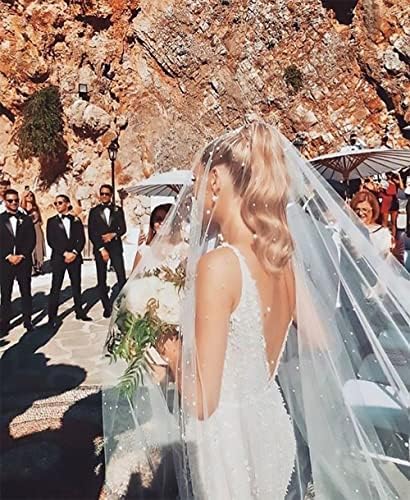 TIMECOSY White Pearl Tulle Tablecloths 6 Pieces 10ft Veil for Wedding