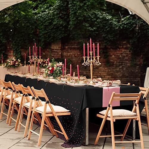 8 Pack Disposable Plastic Tablecloths and Satin Table Runner Set Black Rose Gold Dot Wedding Party Decor