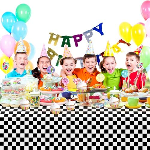 3 Pack Black and White Checkered Tablecloths for Parties