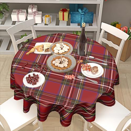 60 Inch Red Christmas Round Tablecloth with Buffalo Plaid Design
