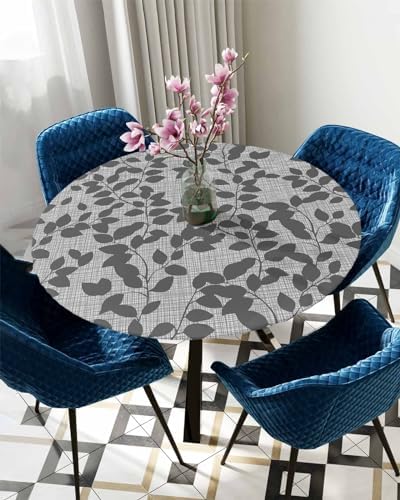ZOE GARDEN Gray Leaves Round Waterproof Table Cover Fitted Tablecloth