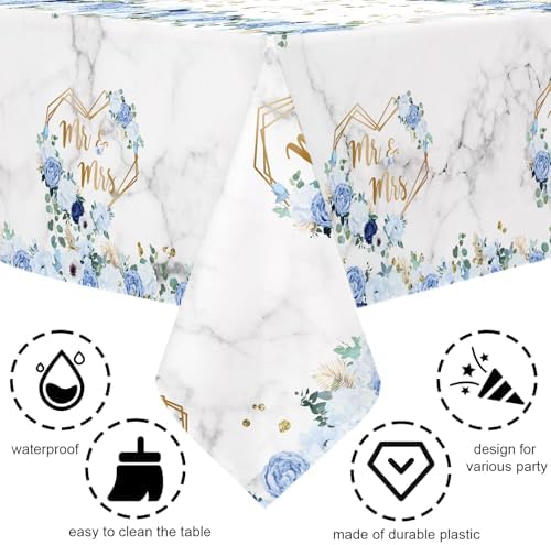 MEHOFOND 3pcs Blue Mr Mrs Tablecloths Floral Wedding Party Decor 108 x 54 Inch