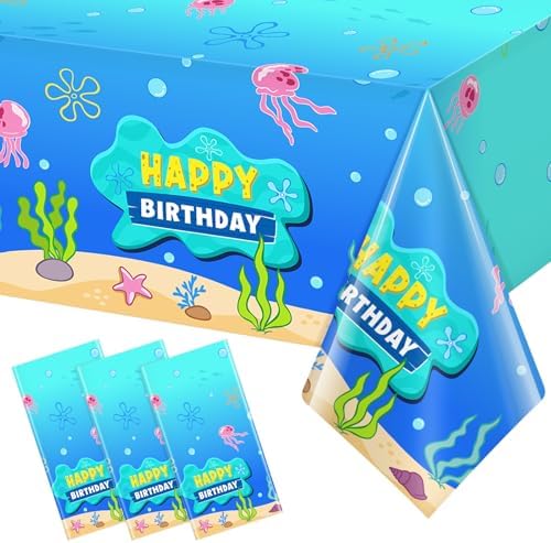 3 Pcs Blue Ocean Birthday Tablecloth Decorations for Rectangle Tables