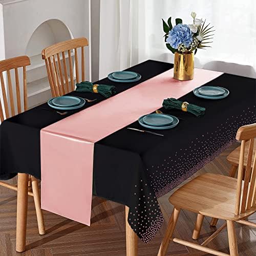 8 Pack Disposable Plastic Tablecloths and Satin Table Runner Set Black Rose Gold Dot Wedding Party Decor