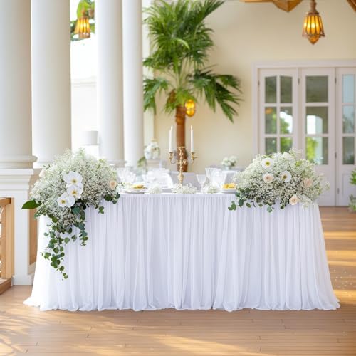 White Tulle Tablecloth with Skirt for 6 Foot Tables
