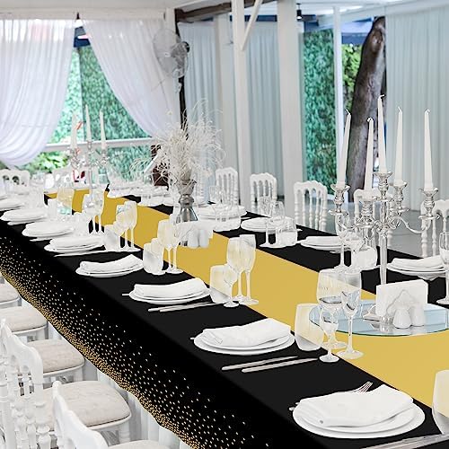 12 Pack Black and Gold Tablecloth and Runner Party Set