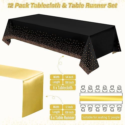 12 Pack Black and Gold Tablecloth and Runner Party Set