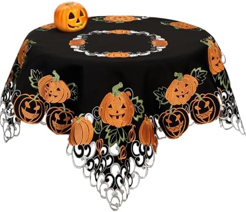 Halloween Square Tablecloth 34 Inch Black Orange Pumpkin Design