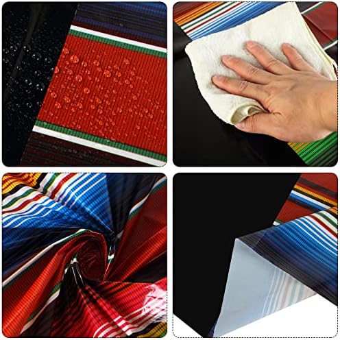 Oudain 6 Pcs Mexican Fiesta Tablecloth 84 Inch Striped Plastic Round Tablecover for Wedding and Party Decorations Black