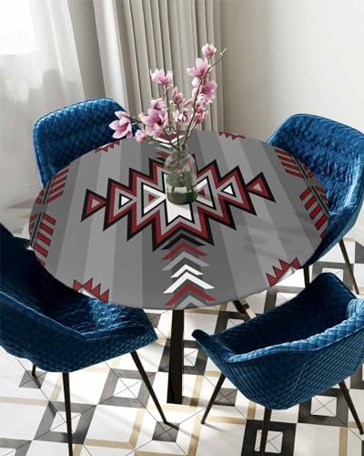 Red Grey Aztec Round Waterproof Table Cover