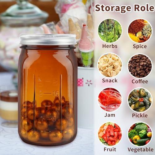CARBLIN 4 Pack 32 Oz Amber Canning Jars with Airtight Lids