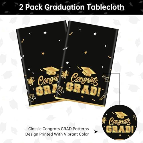 2 Pack Graduation Tablecloths - Black Gold Class of 2025 Decorations