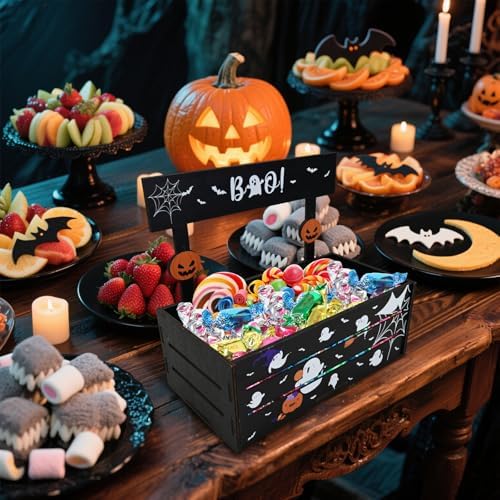 Halloween Candy Bowl Wooden Serving Dish with Ghost Pumpkin Design